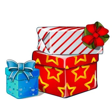 Stack of Gift boxes, blue and red ribbon bow, colorful wrapped paper, isolated Stock Illustration