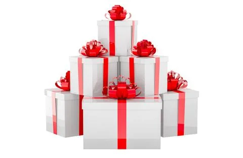 Stack from Gift Boxes with bows and ribbons, 3D rendering Illustrazione stock