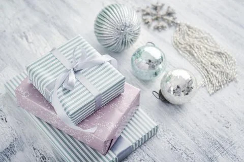Stack gift boxes with christmas decoration Stock Photos