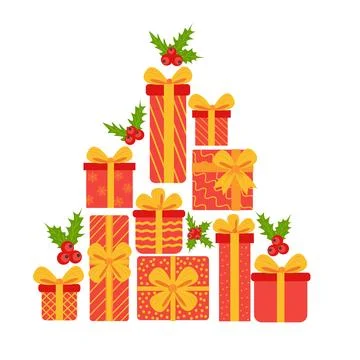 Stack of gift boxes forming a Christmas tree. Present holiday vector elements 스톡 일러스트