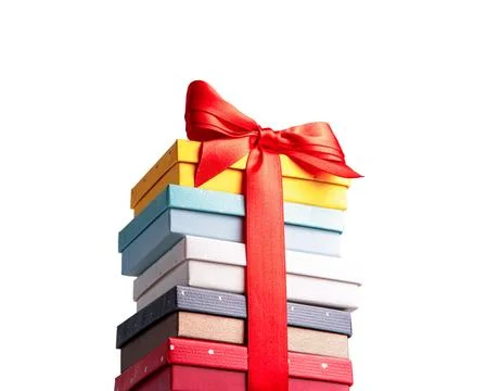 Stack of Gift Boxes with Red Ribbon in Perspective View Stock Photos
