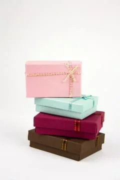 Stack of gift boxes on white background Stock Photos