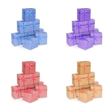 A stack of gifts isolated on white background. Set of colored gift boxes. Stock-Fotos