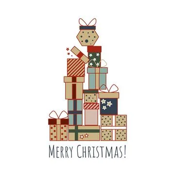 Stack of gifts in the shape of Christmas tree with the inscription Merry Stock Illustration