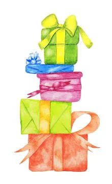 A stack of gifts. Watercolor Stock Illustration