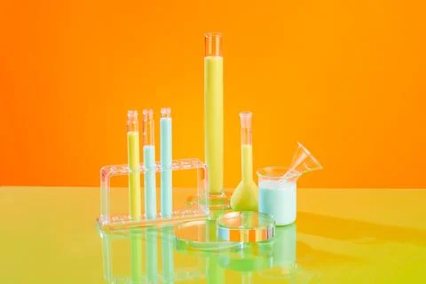 A stack of glass podiums in round shaped displayed with some laboratory glass Stockfoto's