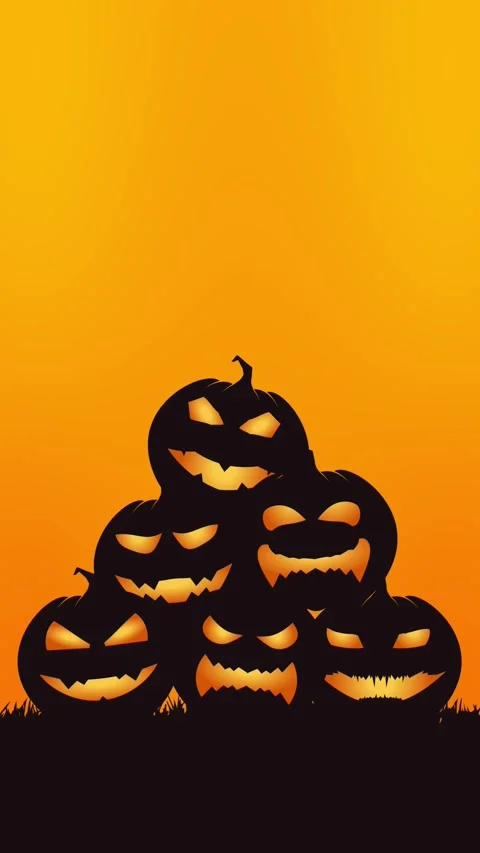 Stack of glowing carved jack-o-lanterns against a bright orange background Stock Footage 346068182
