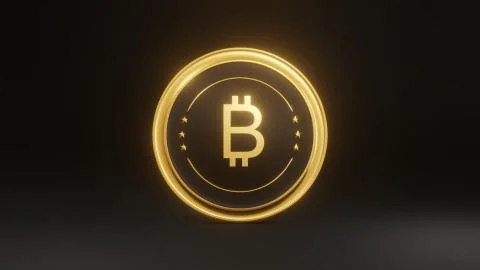 Stack of glowing golden bitcoin on black background, 3d rendering Stock Photos