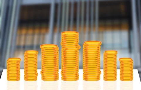 Stack of Goild Coins Currency in front of office Stock Photos