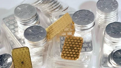 Stack Gold and Silver Bank Investment, Coins Bars and Wafers, Oz Wealth Money Video stock 124720657