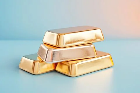 A stack of gold and silver bars on a light blue surface with a gradient backg Stock Photos