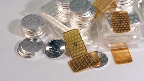 Stack of Gold and Silver Coins and Bars, Wealth Currency Money Investment Bank Stock Footage 149498389