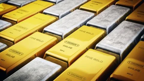 Stack of gold and silver ingots.. 3D illustration 스톡 일러스트