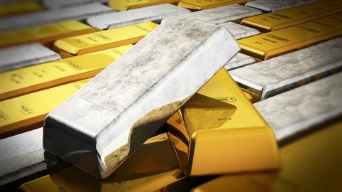 Stack of gold and silver ingots. 3D illustration Stock Illustration