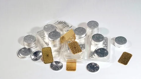 Stack of Gold and Silver Precious Metal Refined Pure Gold Bars, Business Banking Stock Footage 124720476