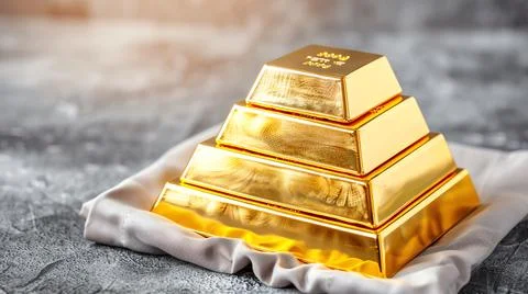 Stack of gold bars arranged in a pyramid shape on a grey textured background, Stock Photos