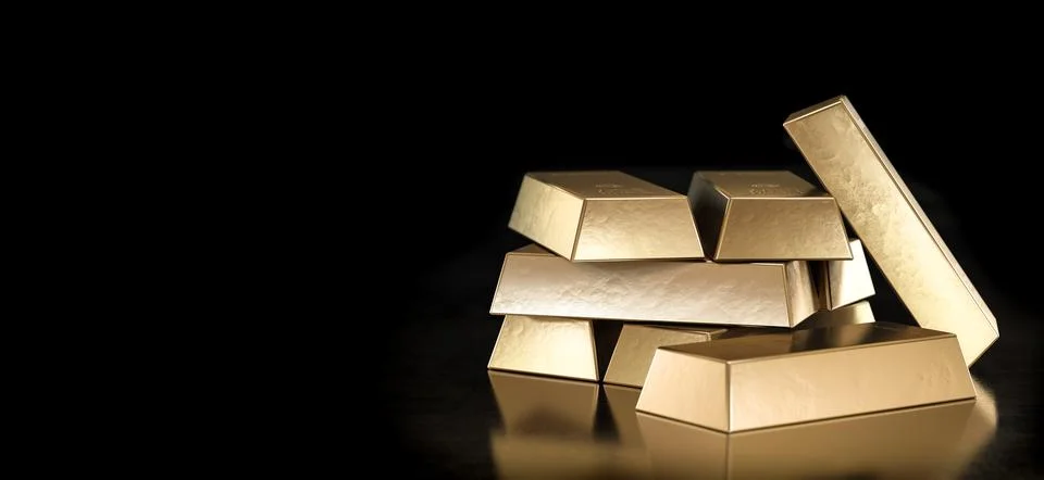Stack of gold bars on black background, reserve of value concept. 3d renderin 스톡 일러스트