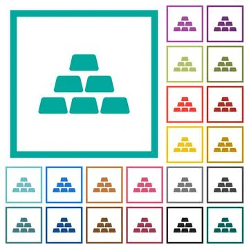 Stack of gold bars flat color icons with quadrant frames Illustrazione stock