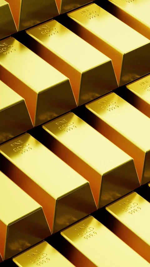 Stack of gold bars	 Stockbeeldmateriaal 329423279
