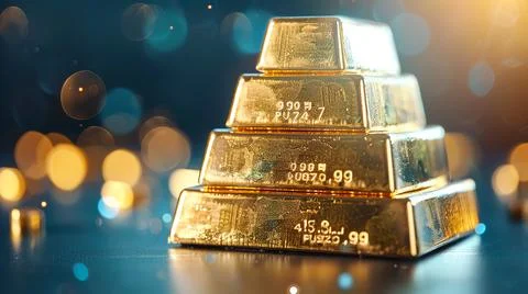Stack of gold bars with a glittering background, symbolizing wealth, investme Foto stock