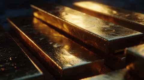 Stack of gold bars piled on a dark background, shining Stock Footage 314828385
