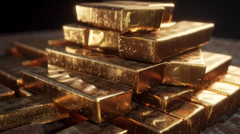 Stack of gold bars piled on a dark background Video stock 314828472