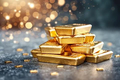 A stack of gold bars with a sparkling bokeh background, symbolizing wealth, l Stock Photos