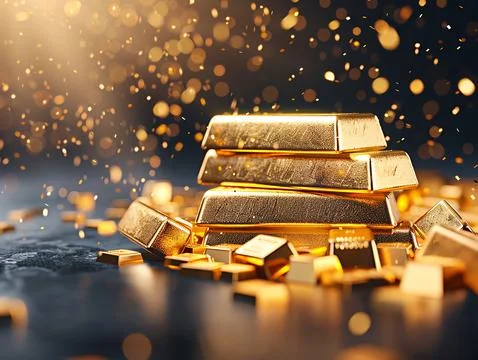 Stack of gold bars surrounded by sparkling particles, symbolizing wealth and  Foto stock