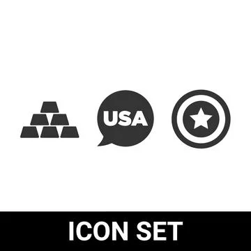 Stack of gold bars, USA speech bubble icon, and Captain America shield symb.. Stock Illustration