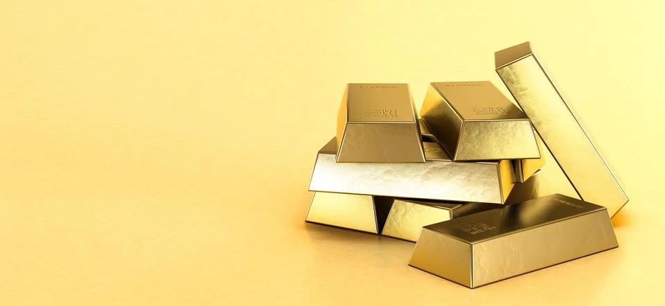 Stack of gold bars on yellow background, reserve of value concept. Copy space Illustrazione stock