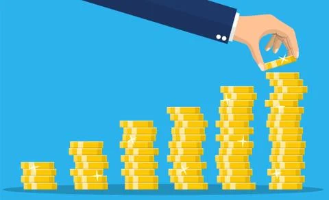 Stack of gold coins and hand. Stock-Illustration