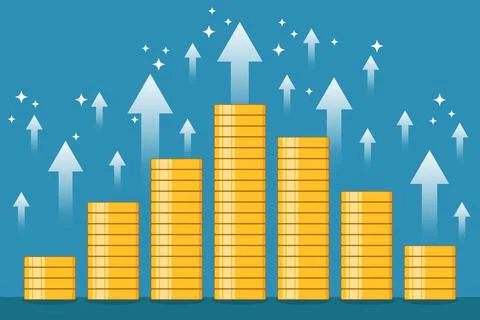 Stack of Gold Coins with arrow up symbol. Flat design Illustrations. Illustrazione stock