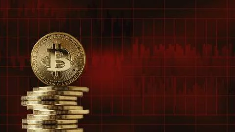 Stack of gold coins bitcoin on a red background Stock-Fotos