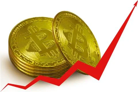 Stack of gold coins of bitcoins, a red arrow of the chart going up イラスト素材