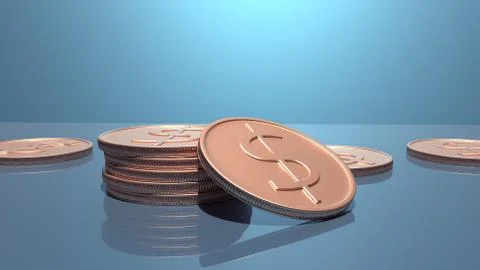 Stack of gold coins with coins around on a blue background. Finance and business Stock Illustration