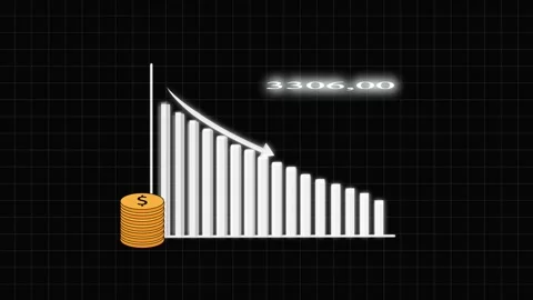 Stack of gold coins next to animated white glowing bar chart, Downward tren.. Stock Footage 332664085