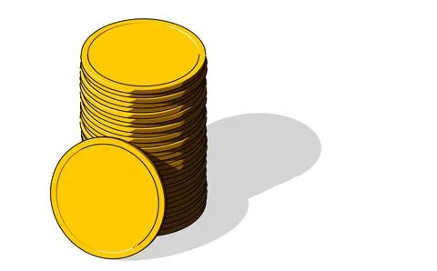 Stack of gold coins with one leaning in front cartoon style isolated on whi.. Stock Illustration