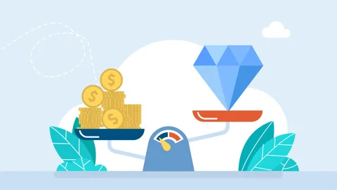 Stack gold coins outweigh a big blue diamond on the scales. Price of creativity Stock Footage 268734169