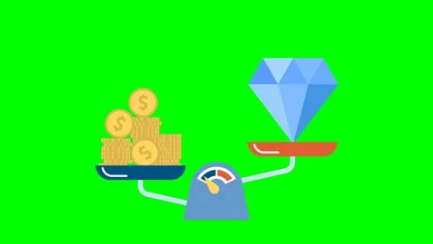 Stack gold coins outweigh a big blue diamond on the scales. Price of creativity Stock Footage 271193887