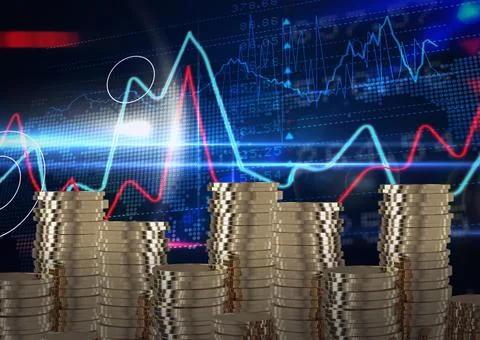 Stack of gold coins over digital interface with data processing against blue Stockfoto's