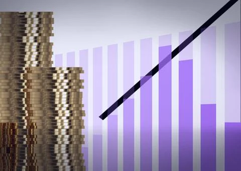 Stack of gold coins over statistical data processing against purple background Stock Illustration