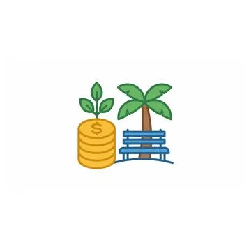 Stack of gold coins with plant and park bench palm tree icon Illustrazione stock