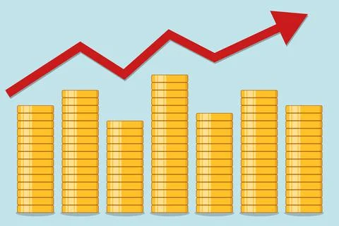 Stack of Gold Coins with red graph arrow pointing up. Flat design Illustrations. Stock Illustration