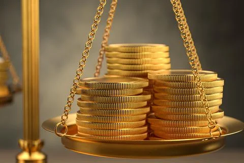 A stack of gold coins on the scales. Cost estimate. 3D rendering 스톡 일러스트