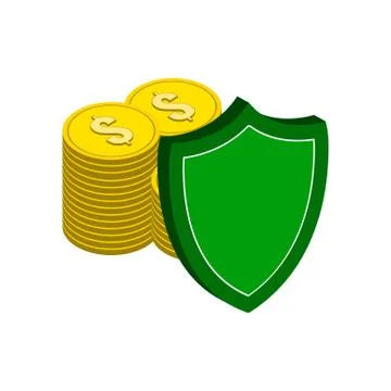 Stack of Gold Coins with Shield, Finance Protection symbol. Flat Isometric Ic Stock Illustration