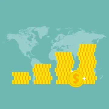 Stack of gold coins on world map background. Stock Illustration