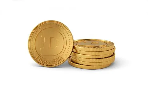 Stack of gold Dogecoins isolated on white background. Cryptocurrency business Stock Illustration
