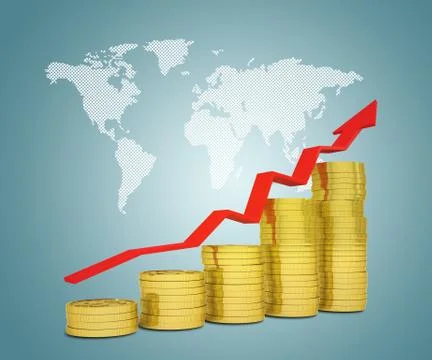 Stack of gold dollars and world map Illustrazione stock