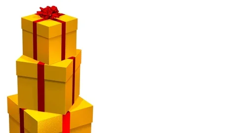 Stack of gold presents with red ribbon and bow isolated over white 3d Stock Footage 98912089