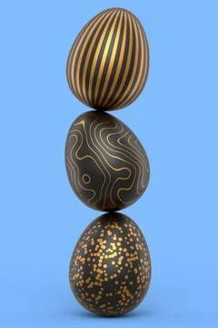 Stack of golden and black Easter eggs and chocolate eggs on blue background イラスト素材